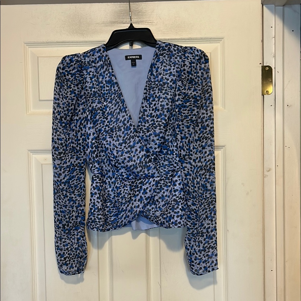 Express Blue and Black Long Puff Sleeve Leopard Print Faux Wrap Top Size XS